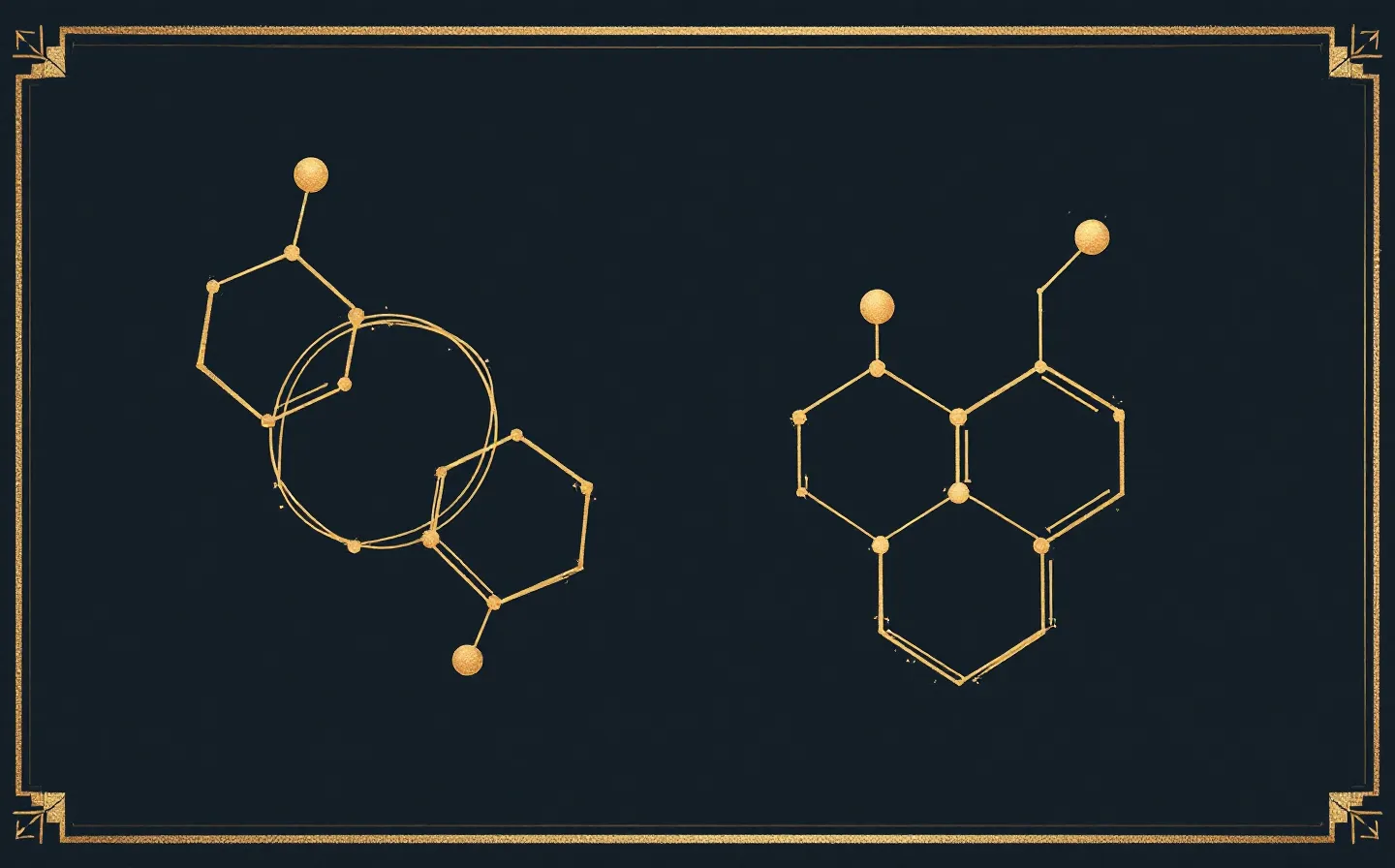 A refined gold-and-slate editorial plate of two abstract peptide molecular emblems side by side, the BPC-157 ribbon in brass and the TB-500 loop in slate-blue, framed by a thin gold keyline on a deep slate ground